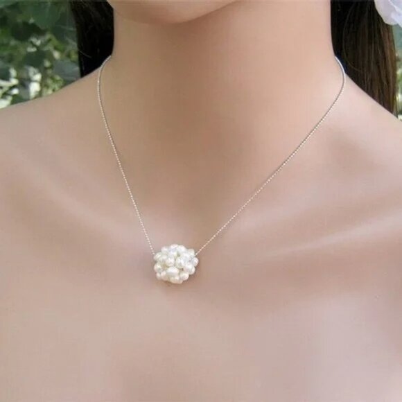 Genuine Pearl Cluster Pendant Necklace Sterling Silver - Picture 6 of 13